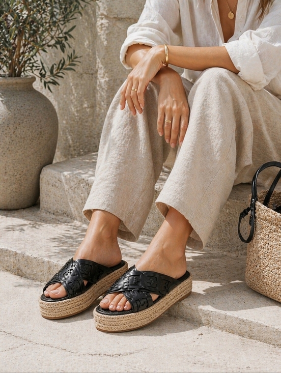 Sam Edelman Shoes - Sam Edelman Pria Black Woven Leather Espadrille Platform Slides Resort 7.5